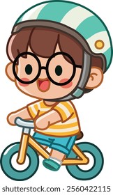 Cheerful cartoon young boy riding a balance bike