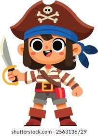 Cheerful cartoon young pirate girl holding a sword