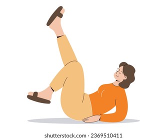 Cheerful cartoon young woman lying on the floor with her legs up. Vector isolated flat illustration.
