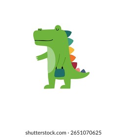 Uma criatura alegre e animada, semelhante a um crocodilo verde, com uma cauda pontiaguda de cor arco-íris e um saco de cor azul-petróleo