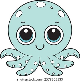 A cheerful, cartoonish light teal octopus with large, expressive eyes and a happy smile.