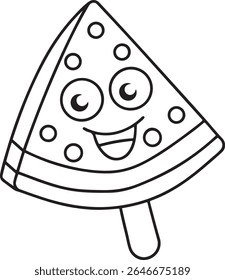 A cheerful, cartoonish slice of pizza on a stick, with a happy face and pepperoni circles, isolated on a white background. This fun illustration is perfect for food-related designs.