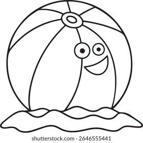 A cheerful, cartoon-style beach ball with a smiling face sits on wavy water. This playful illustration is presented as a simple black and white line drawing, isolated on a white background.