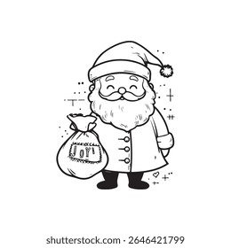 A cheerful, cartoon-style black and white illustration of Santa Claus carrying a gift bag.