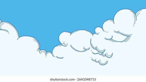 Ilustração animada e alegre de nuvens brancas fofas com contornos azuis contra um céu azul claro e brilhante