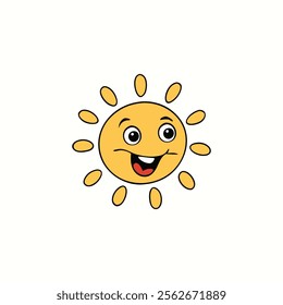 A cheerful cartoon-style illustration of a smiling yellow sun with expressive eyes and a wide grin. The sun features simple, playful rays radiating outward, set against a clean, light background