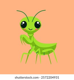 A cheerful, cartoon-style praying mantis with large, expressive eyes and a happy face.