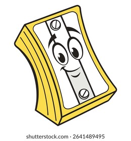 A cheerful, cartoon-style sharpener features a happy face, perfect for adding fun to school projects. The yellow sharpener stands out against the clean backdrop.