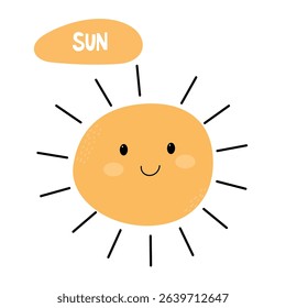 A cheerful, cartoon-style sun with a smiling face and rays extending outward. The sun is bright yellow with a simple, friendly expression.