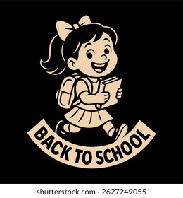 A cheerful cartoon-style vector illustration of a happy schoolboy with a backpack and book, walking confidently under a playful "Back to School" banner. Perfect for educational content, school promoti