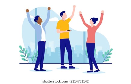 Cheerful casual business people - Diverse small group of people cheering with raised hands. Motivated team concept. Flat design vector illustration with white background