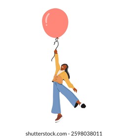 Cheerful casual pretty young woman cartoon character floating with pink helium balloon in hand isolated on white. Happy female teenager celebrating holiday rejoicing life vector illustration