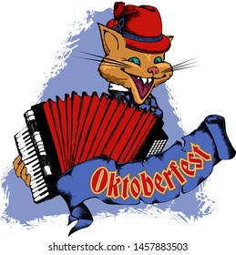 Cheerful cat with accordion in Bavarian hat, celebrates Oktoberfest. Suitable for posters, cards, tattoo. Vector illustration. Engraving style