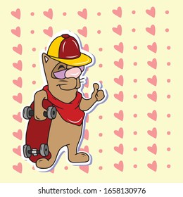 Un gatito alegre en una gorra con patinaje se muestra perfectamente. Diseño de banners y postales. Pegatina. Diseño vectorial aislado para comunicaciones en línea, redes, redes sociales, diseño web, mensajes móviles.
