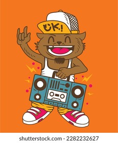 Cheerful cat in a cap, t-shirt, pants and sneakers, holds a tape recorder in his hands and dances to the music