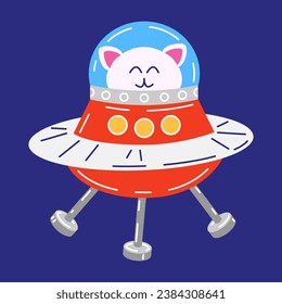 Cheerful cat character in a flying saucer. Vector illustration of a cat mascot in a flying saucer in flat style.