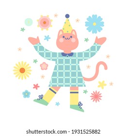 Cheerful cat is dancing in a dress. Illustration for festive decor, cards, posters