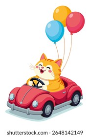 Um gato alegre dirigindo um carro de brinquedo vermelho com três balões coloridos anexados. Esta ilustração fofa e brincalhona é perfeita para produtos infantis, cartões de felicitações ou convites para festas.