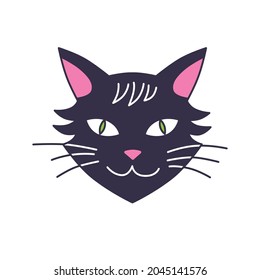 Cheerful cat face portrait isolated flat print icon, cartoon vector illustration.