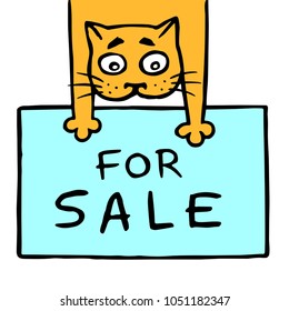 Cheerful cat holds its front paws for sale. Funny cartoon animal character. Cheerful pet for web icons and shirt. Vector illustration.
