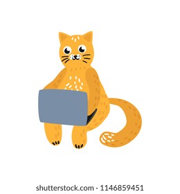 Cheerful Cat Kid Animal Sitting Typing At Laptop Lying At His Knees. Cute Pets Characters And Modern Computer Technologies And Communication. Vector Cartoon Illustration