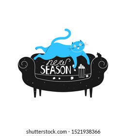 A cheerful cat is lying on a sofa watching a TV series and eating popcorn. Funny vector illustration with crazy animal, print and design element.