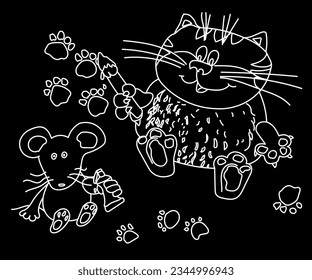 A cheerful cat with a mouse holding a brush with a tube on a black background. Funny cat and mouse drew footprints with a white outline. Vector graphics. Illustration EPS 10