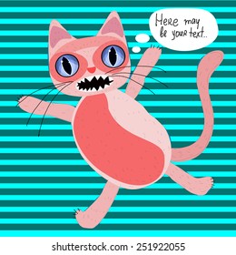 Cheerful cat on striped background. Space for text.
