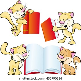 cheerful cat playing and learning with red book - vector illustration