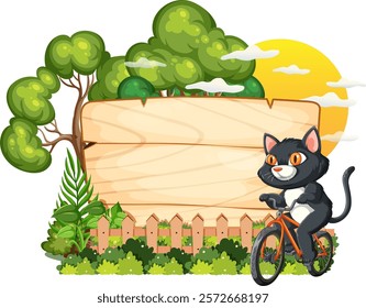 A cheerful cat rides a bike near trees