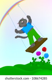 Cheerful cat shaking on a swing