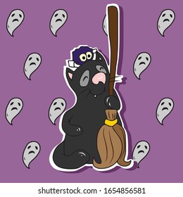 A cheerful cat with a spider on its head holds a witch's broom.Sticker. Vector design for banners and postcards for the Halloween holiday