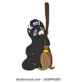 A cheerful cat with a spider on its head holds a witch's broom.Sticker. Vector design for banners and postcards for the Halloween holiday