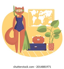 Cheerful cat in swimsuit and snorkeling mask wait vocations. Suitcase, home plants in pot, world map, fins, fish ornament. Isolated Vector illustration. Flat, cartoon style. Hand drawing. 