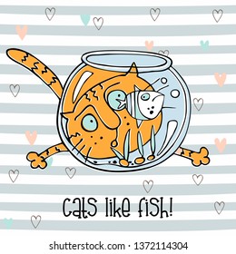 Cheerful cat watching fish in the aquarium. Cute Doodle style . Striped background. Vector.