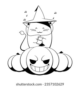 cheerful cat in a wizard's hat, listens to music on pumpkins on all saints day