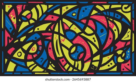 Cheerful caterpillars wander playfully among abstract botanical shapes pattern.
