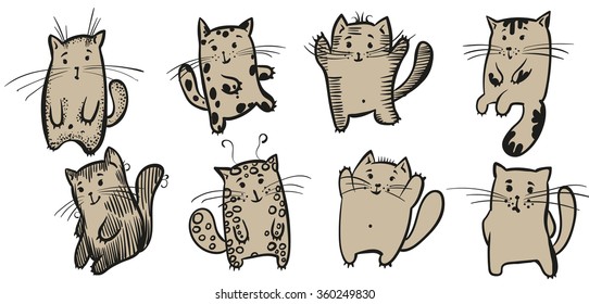 cheerful cats in different poses have fun and play pranks. Are drawn graphic style for use in design