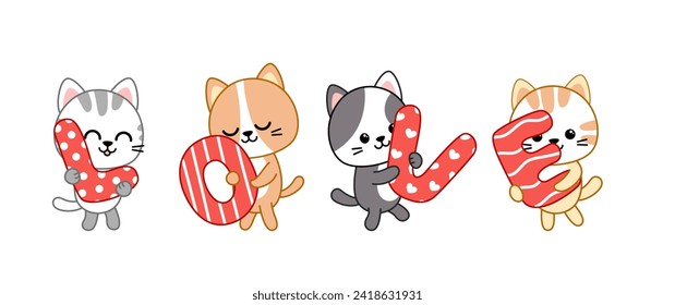 Cheerful cats is holding letters Love. Valentine day card. Cartoon, kawaii, vector eps 10