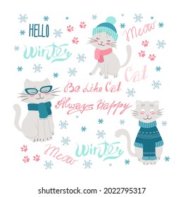 Gatos alegres con ropa de invierno, manuscritos Sé como un gato, siempre feliz. Hola, letras de invierno. Ilustración vectorial en estilo plano.