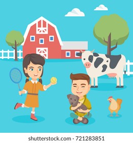 Cheerful caucasian active children playing in the backyard in the farm. Happy boy hugging his dog in the backyard while girl playing badminton. Vector sketch cartoon illustration. Square layout.