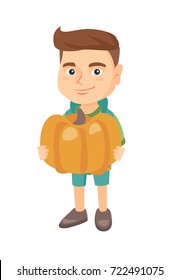 Cheerful caucasian boy standing with a big orange pumpkin in hands. Happy smiling boy picking a pumpkin for Halloween. Vector sketch cartoon illustration isolated on white background.