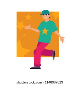 Cheerful caucasian boy teen dancing in cap in hip hop style. Male cute character smiling having fun. Young happy dancer teenager. Vector illustration on orange stars background