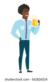 Cheerful caucasian business man drinking beer. Full length of smiling businessman with beer. Young happy business man holding mug of beer. Vector flat design illustration isolated on white background