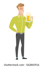 Cheerful caucasian business man drinking beer. Full length of smiling businessman with beer. Young happy business man holding mug of beer. Vector flat design illustration isolated on white background