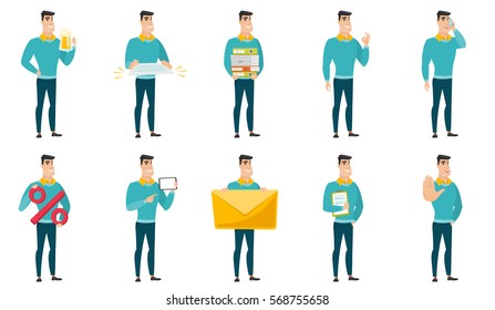 Cheerful caucasian business man drinking beer. Full length of businessman with beer. Young happy business man holding mug of beer. Set of vector flat design illustrations isolated on white background.