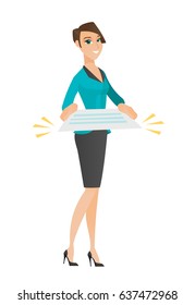 Cheerful caucasian business woman holding a contract. Full length of business woman with contract. Young business woman holding contract. Vector flat design illustration isolated on white background.