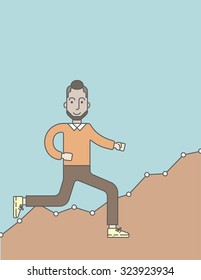 Cheerful caucasian businessman running along the growth graph. Vector line design illustration. Vertical layout with a text space.