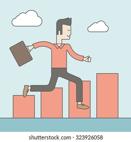 Cheerful caucasian businessman running along the growth graph. Vector line design illustration. Square layout.