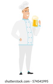 Cheerful caucasian chef cook drinking beer. Full length of widely smiling chef cook with beer. Young happy chef cook holding mug of beer. Vector flat design illustration isolated on white background.